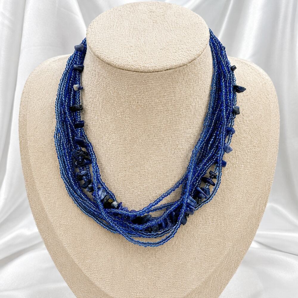 Cobalt Blue Multistrand Necklace Stone Chip Accents 15–18 Inch N632 - Picture 2 of 3